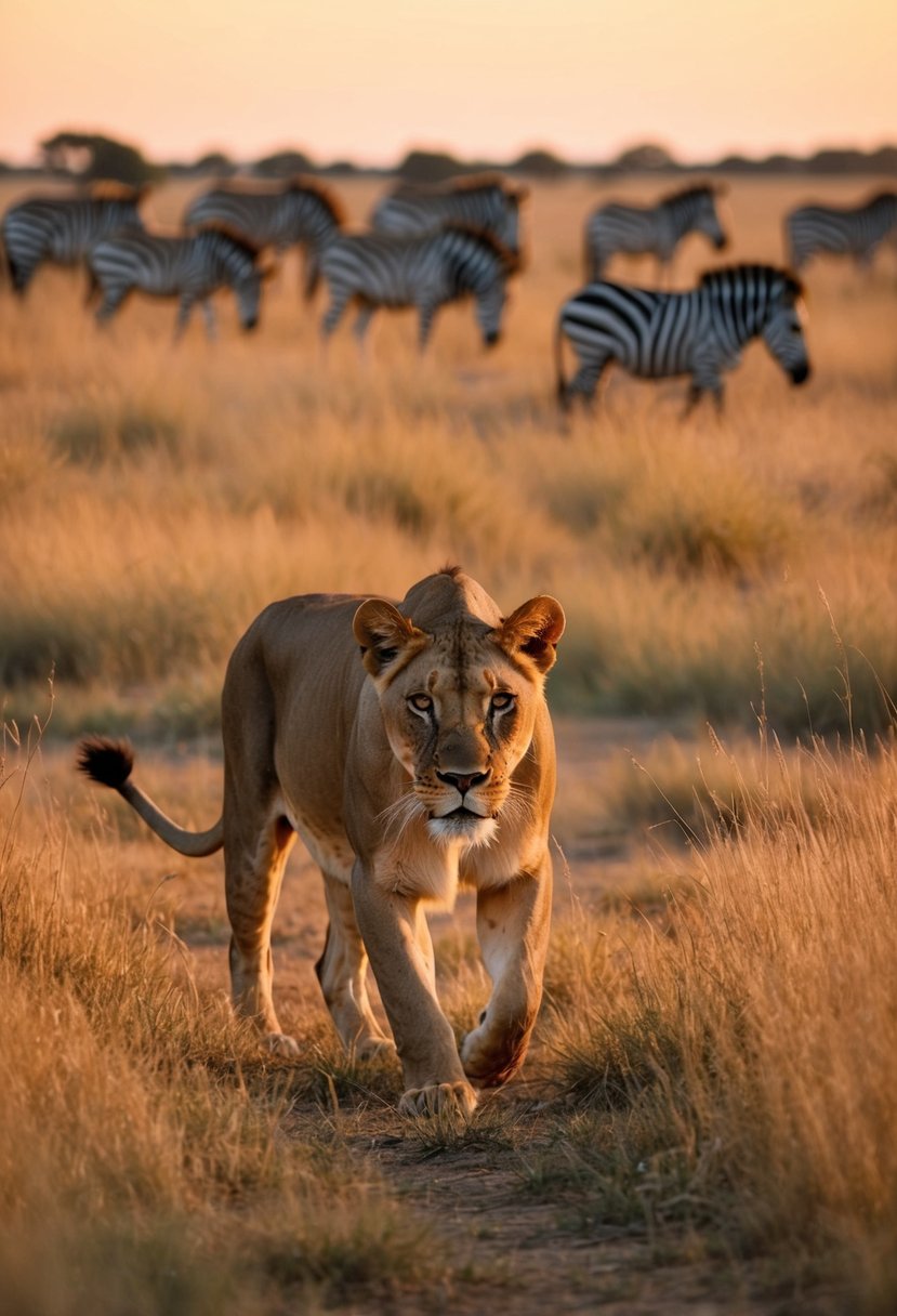 A lioness prowls through the tall grass, her amber eyes fixed on a distant herd of grazing zebras. The setting sun bathes the savannah in a warm golden light, casting long shadows across the landscape