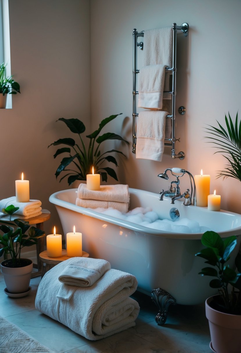 A serene bathroom with flickering candles, fluffy towels, and a bubbling bathtub surrounded by potted plants and a plush robe