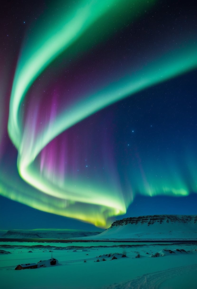 Vibrant green and purple streaks dance across the night sky in Iceland, illuminating the snowy landscape with the magical glow of the Northern Lights