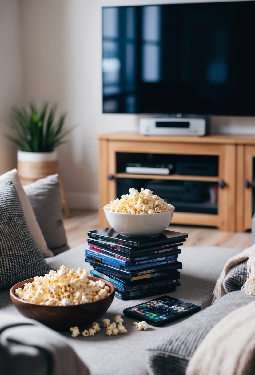 A cozy living room with a big screen TV, a stack of DVDs, and a bowl of popcorn surrounded by comfy pillows and blankets