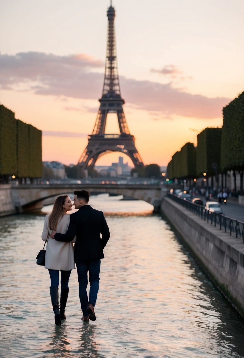 A couple strolling along the Seine River at sunset, with the Eiffel Tower in the background and a warm glow enveloping the scene