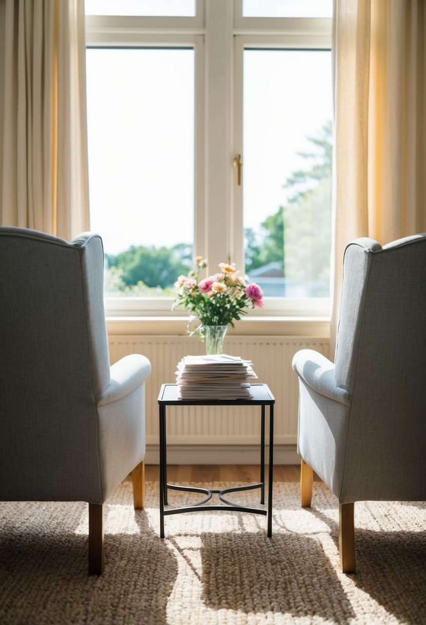 A cozy living room with two chairs facing each other, a small table in between with a stack of letters and a vase of flowers. Soft sunlight streams in through the window