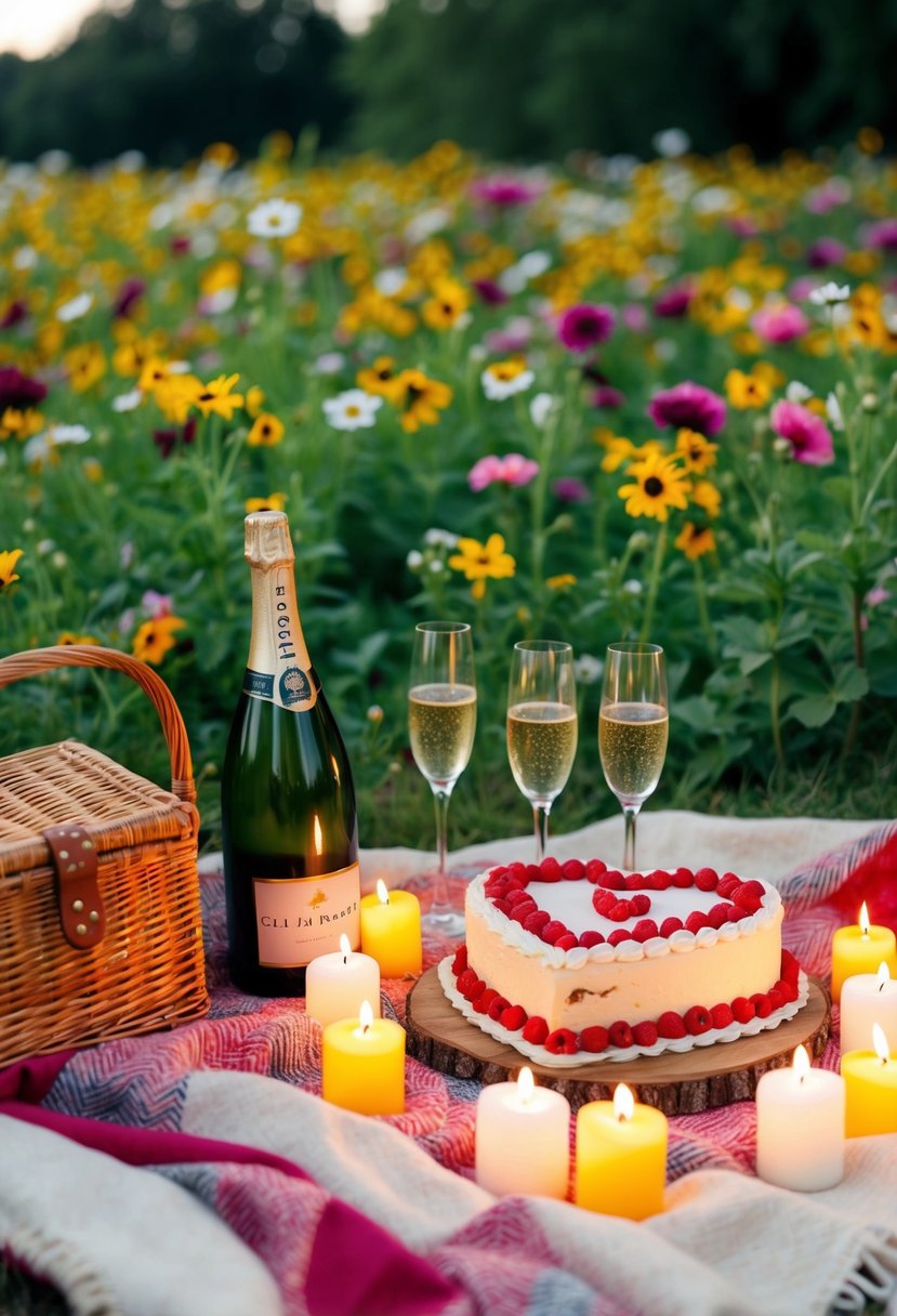 A romantic picnic in a lush, flower-filled meadow with a blanket, champagne, and a heart-shaped cake surrounded by candles