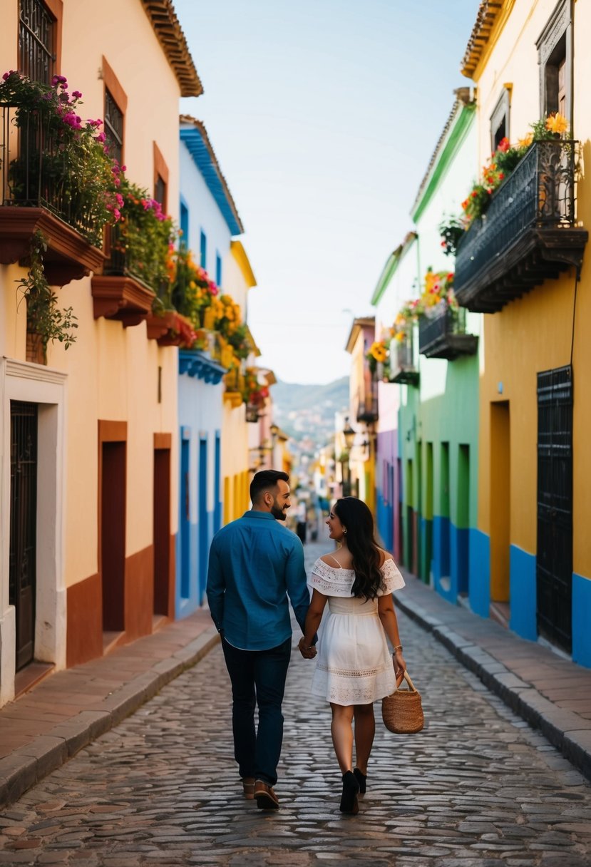 A couple strolling down cobblestone streets, passing colorful colonial buildings and flower-filled balconies in Guanajuato