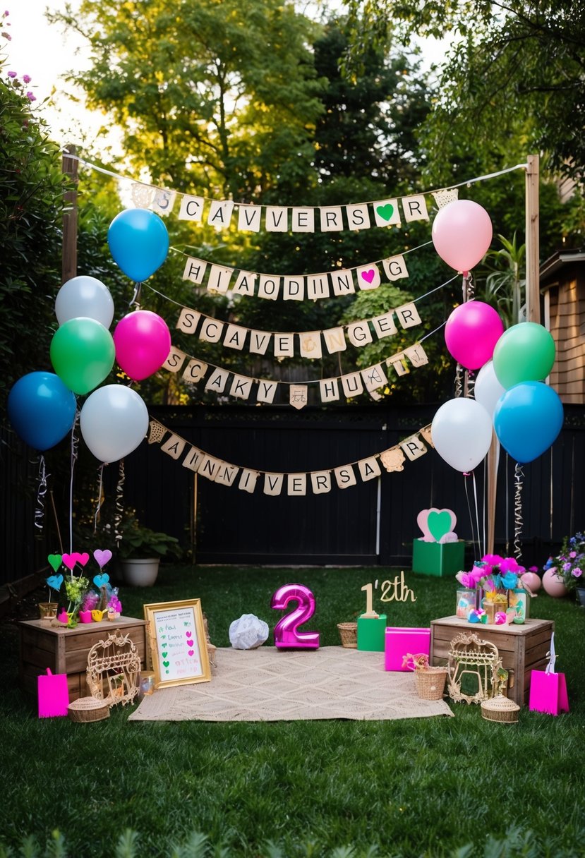 A backyard filled with hidden clues, balloons, and homemade decorations for a DIY scavenger hunt celebrating a 12th wedding anniversary