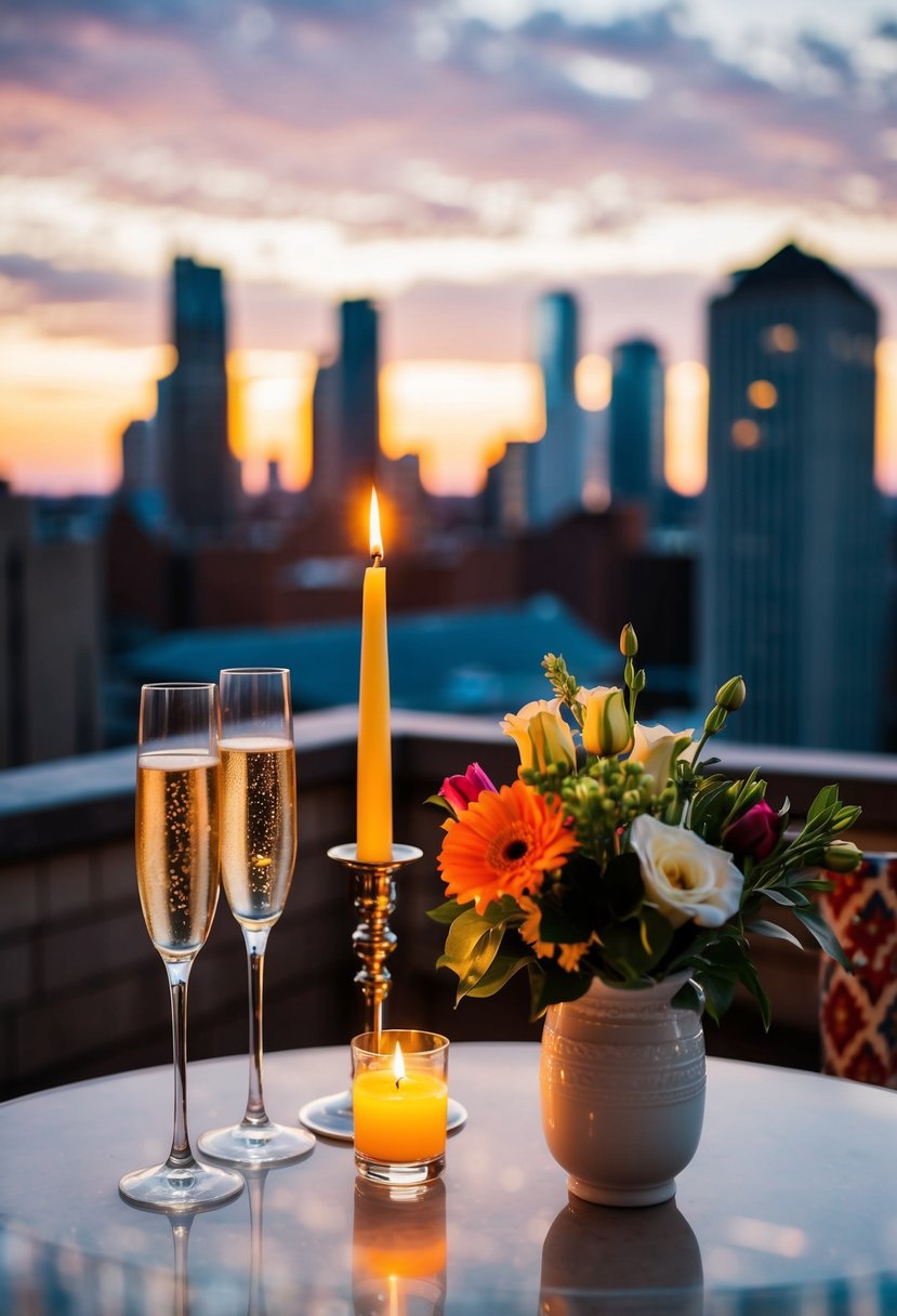 A candlelit rooftop table with champagne, flowers, and city skyline view