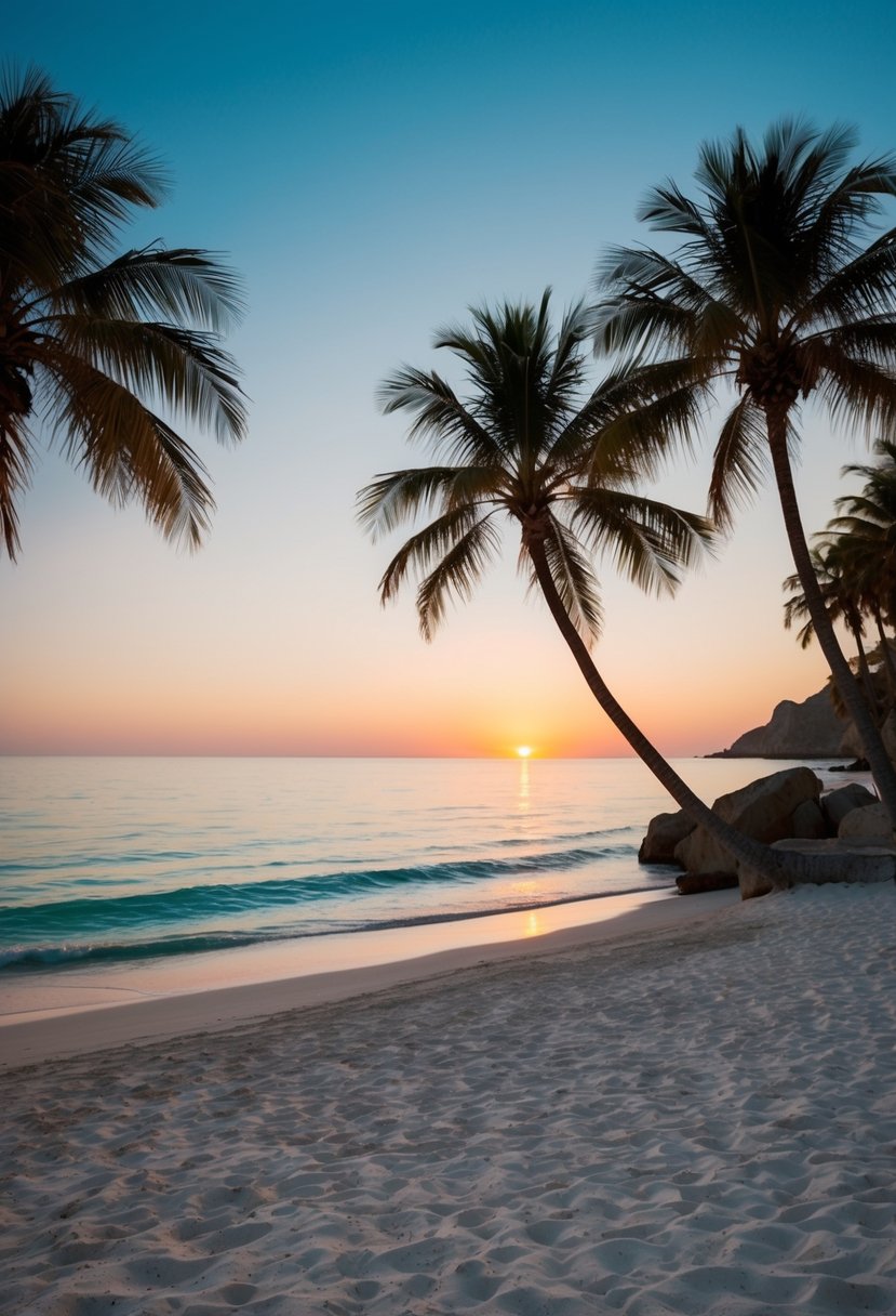 A serene beach at sunset, with palm trees, white sand, and turquoise waters, creating a peaceful and romantic setting for a wedding anniversary trip in Los Cabos