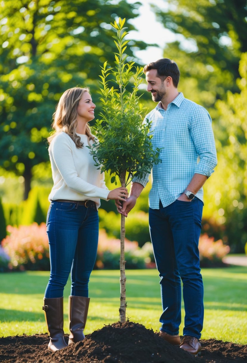 A couple planting a tree together in a garden