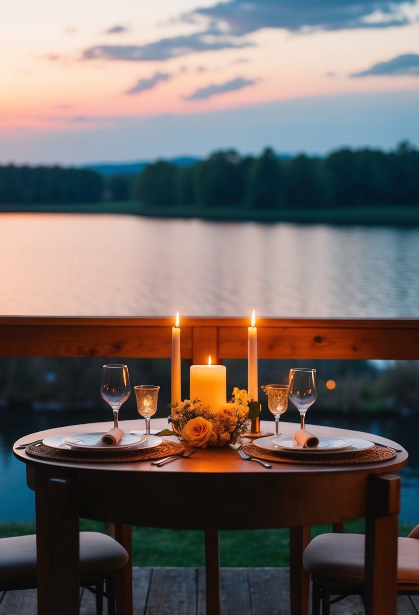 A cozy table for two with candles and flowers, overlooking a serene lake at sunset