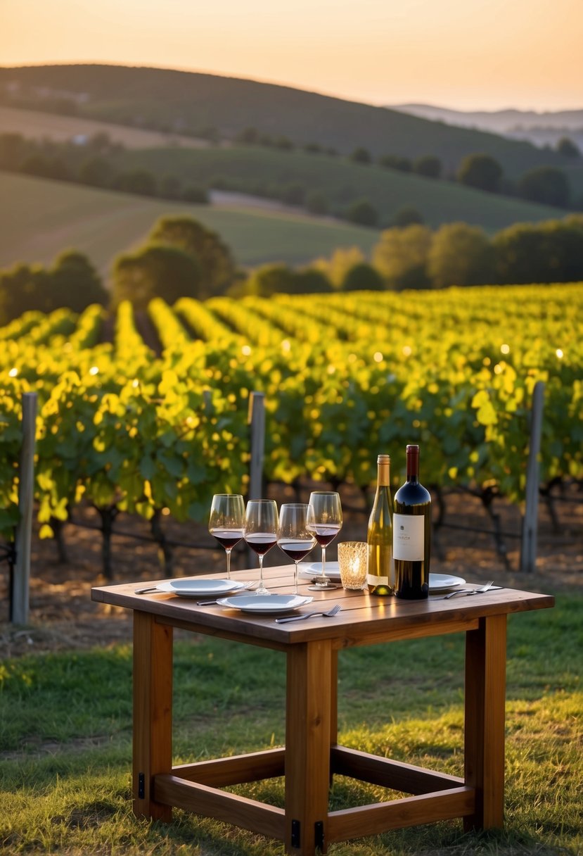 Vineyard overlooking rolling hills with rows of grapevines, a rustic wooden tasting table set with wine glasses and bottles, and a warm sunset casting a golden glow