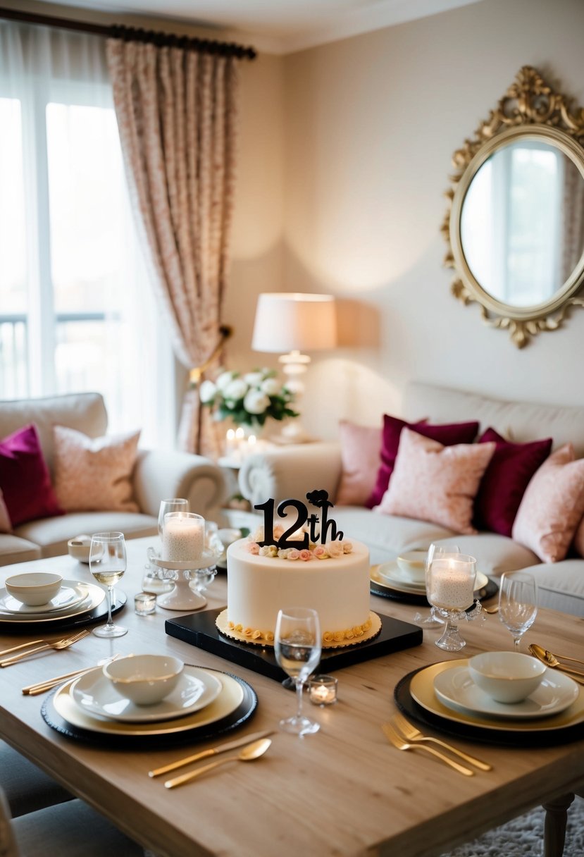 A cozy living room adorned with romantic decorations, a table set with elegant dinnerware, and a cake adorned with 12th anniversary symbols