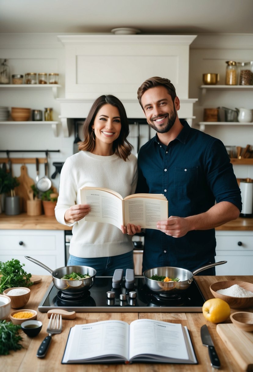 A cozy kitchen with two sets of utensils and ingredients laid out on a counter, a recipe book open, and a couple standing side by side, smiling as they work together