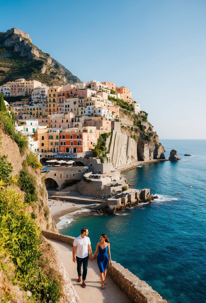 A couple strolling along the rugged cliffs of the Amalfi Coast, with colorful villages nestled into the hillsides and the sparkling blue Mediterranean sea below