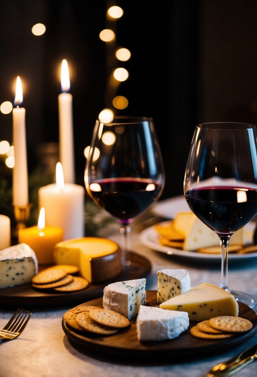 A table set with a variety of cheeses, crackers, and glasses of wine. A romantic ambiance with candles and dim lighting