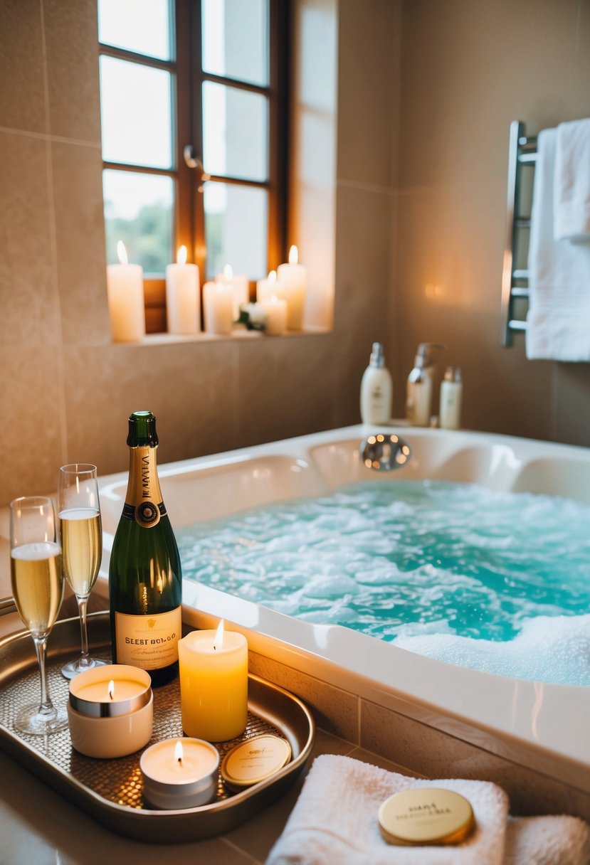 A cozy bathroom with a bubbling jacuzzi, fluffy towels, scented candles, and a tray of skincare products and champagne