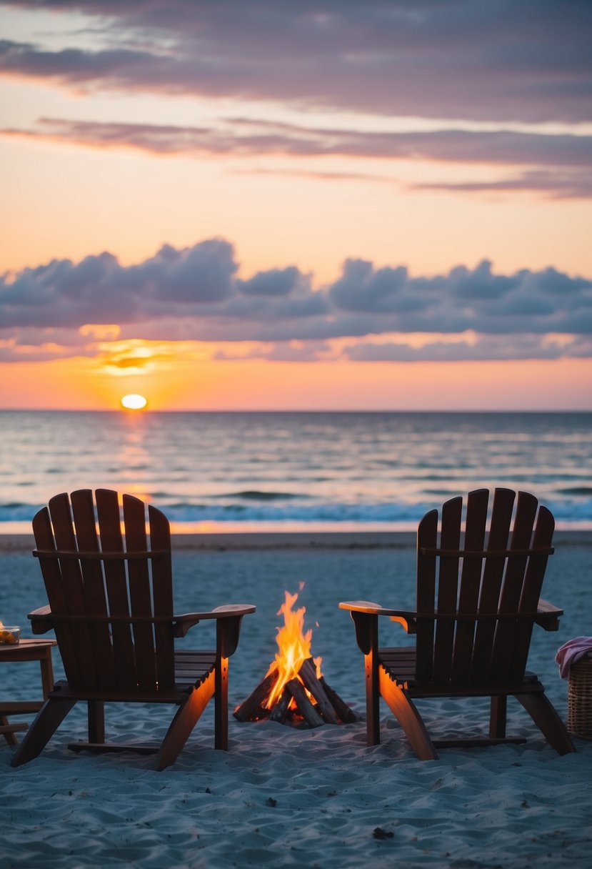 A peaceful beach at sunset with two Adirondack chairs facing the ocean, a small bonfire, and a cozy picnic set up nearby