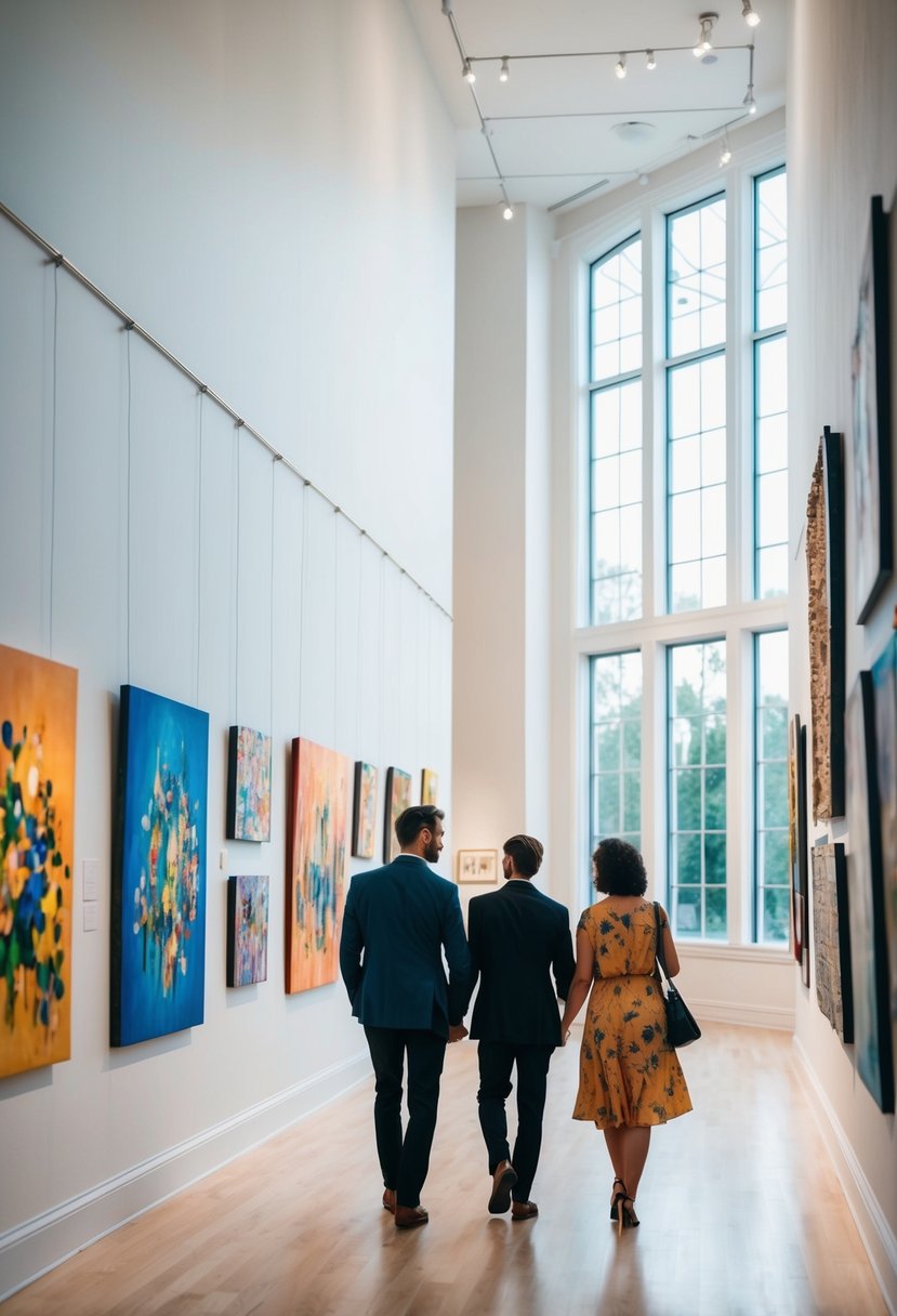 Vibrant paintings line the walls of a spacious art gallery, bathed in soft, natural light filtering in through large windows. A couple strolls through, admiring the diverse array of artwork on display