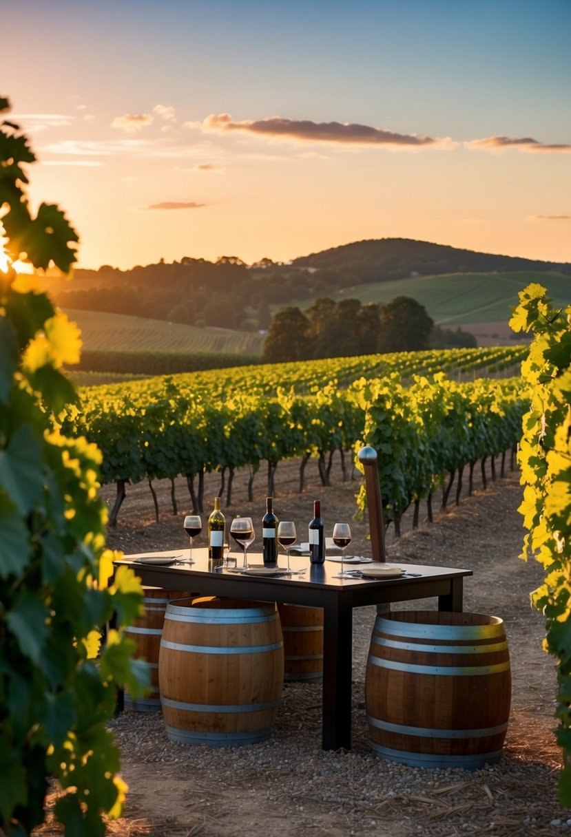 A cozy vineyard with rolling hills, grapevines, and a rustic wine tasting area under the warm glow of the setting sun