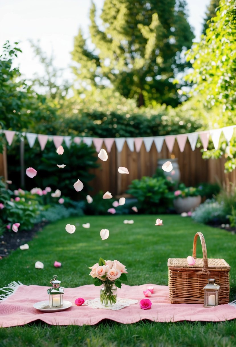 A backyard garden with hidden clues, scattered rose petals, and a picnic blanket set up for a romantic scavenger hunt