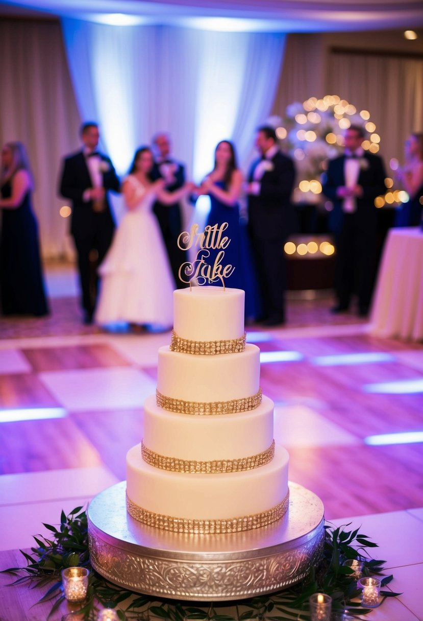 A festive dance floor with elegant decorations and a three-tiered cake