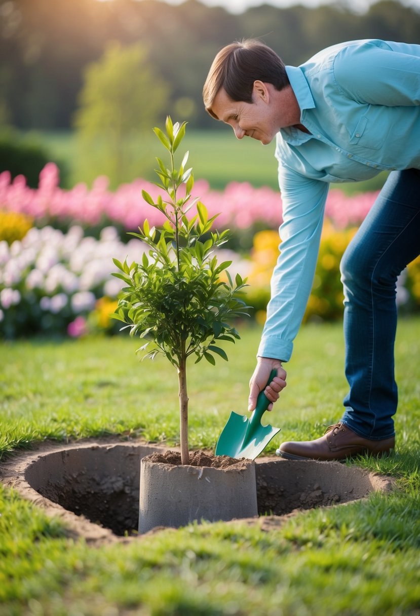 A couple planting a young tree together in a heart-shaped hole, surrounded by blooming flowers and a serene landscape