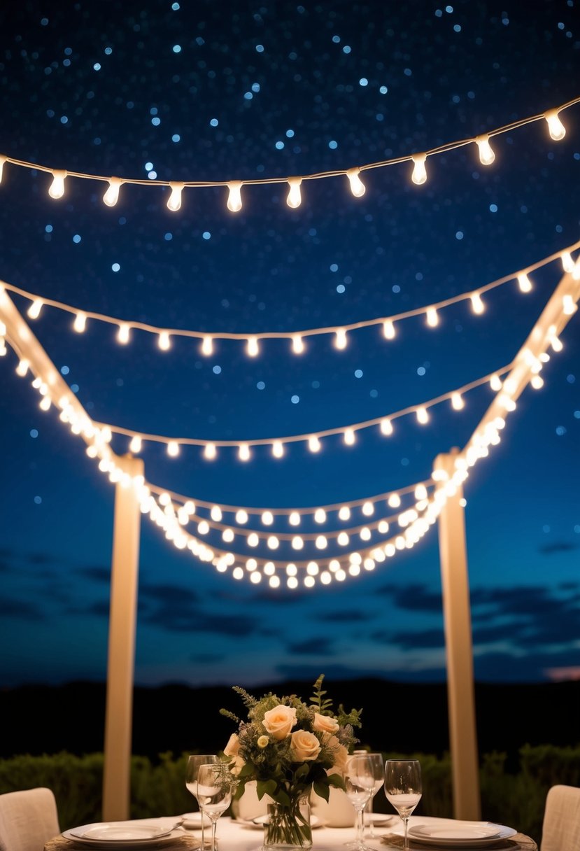 A romantic dinner under a starry sky, surrounded by twinkling lights and a table set with elegant tableware and a bouquet of flowers