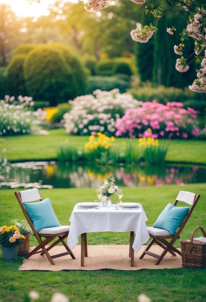 A romantic picnic in a lush garden with a table set for two, surrounded by blooming flowers and a serene pond