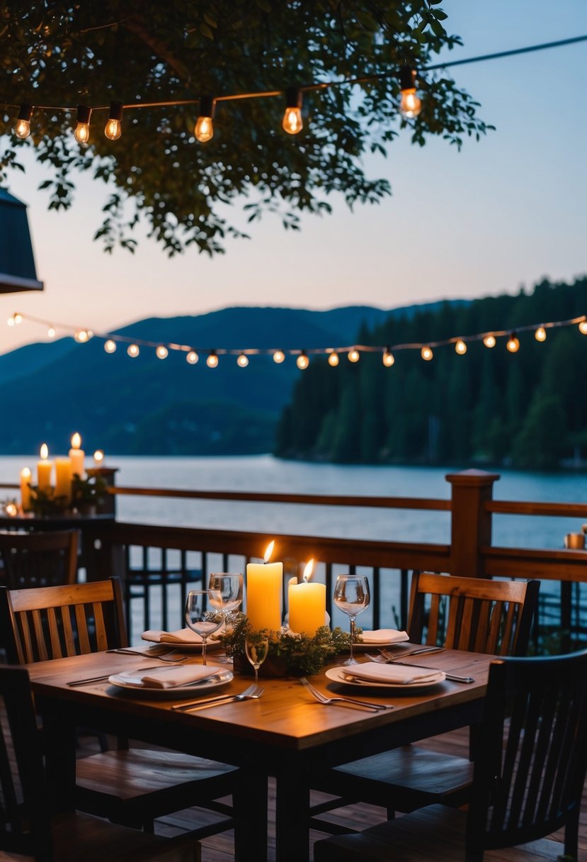 A cozy candlelit restaurant overlooking a scenic lake with a charming outdoor patio and twinkling string lights