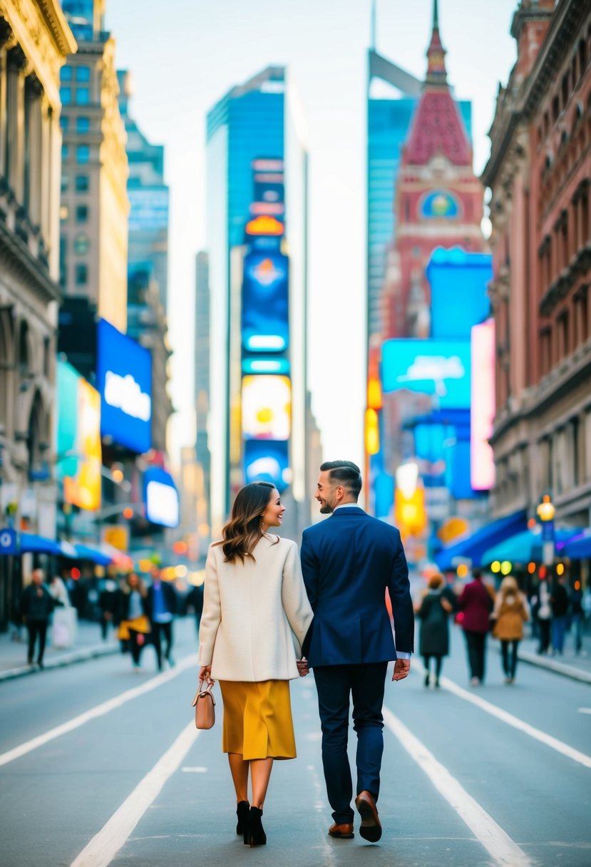 A couple strolling through a vibrant cityscape, surrounded by iconic landmarks, bustling streets, and colorful architecture