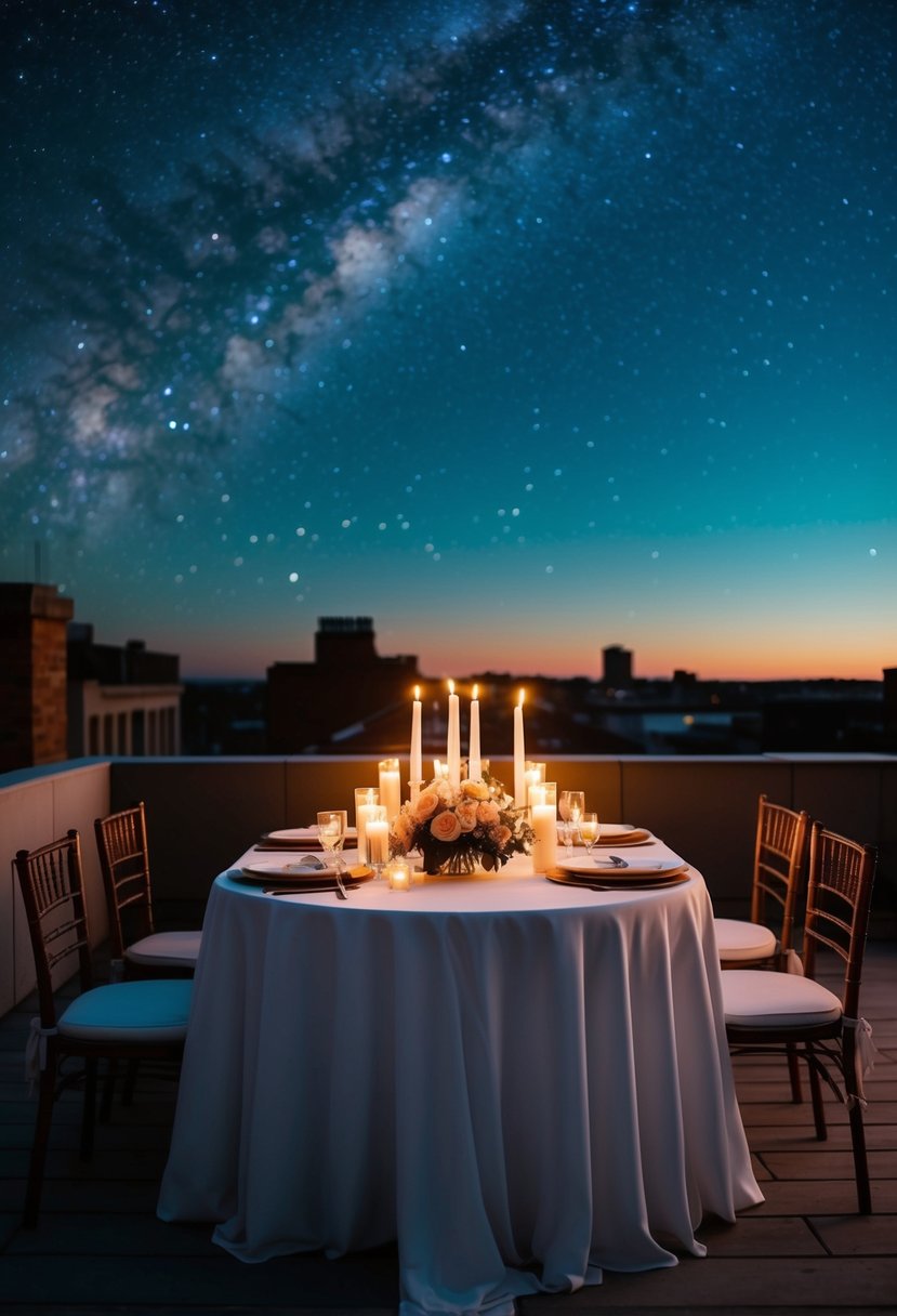 A beautifully set rooftop table with candles and flowers, under a starry night sky