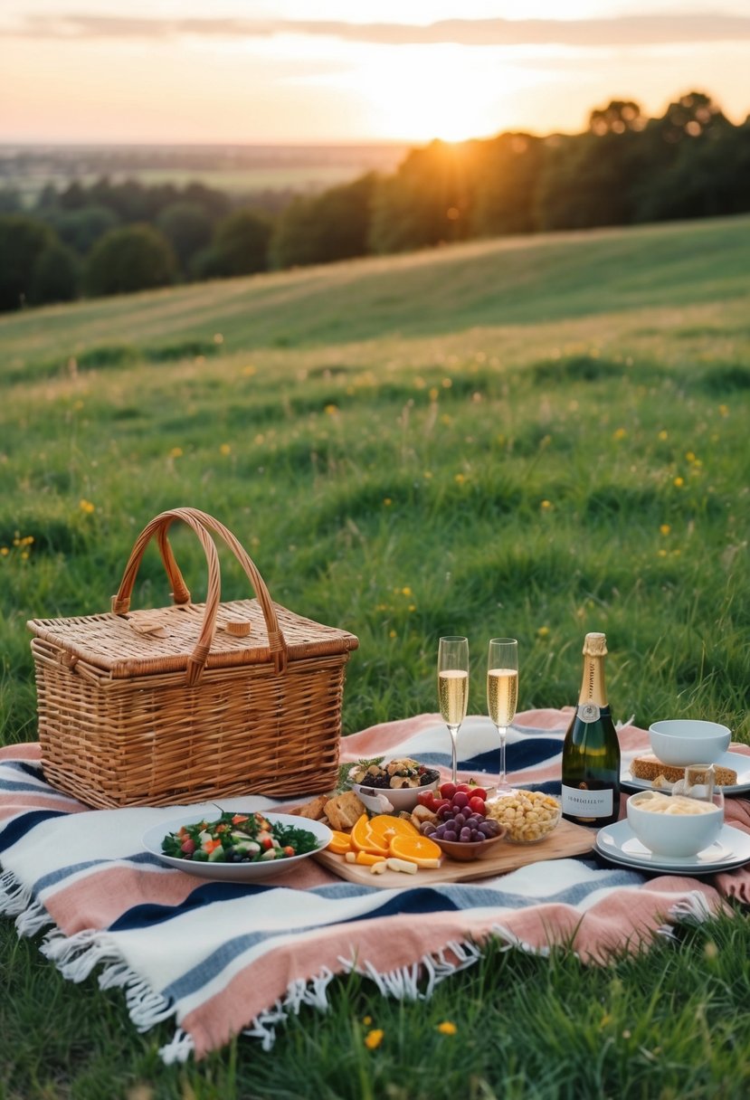 A cozy picnic blanket spread out on a grassy hill, with a wicker basket, champagne glasses, and a spread of delicious snacks as the sun sets in the distance