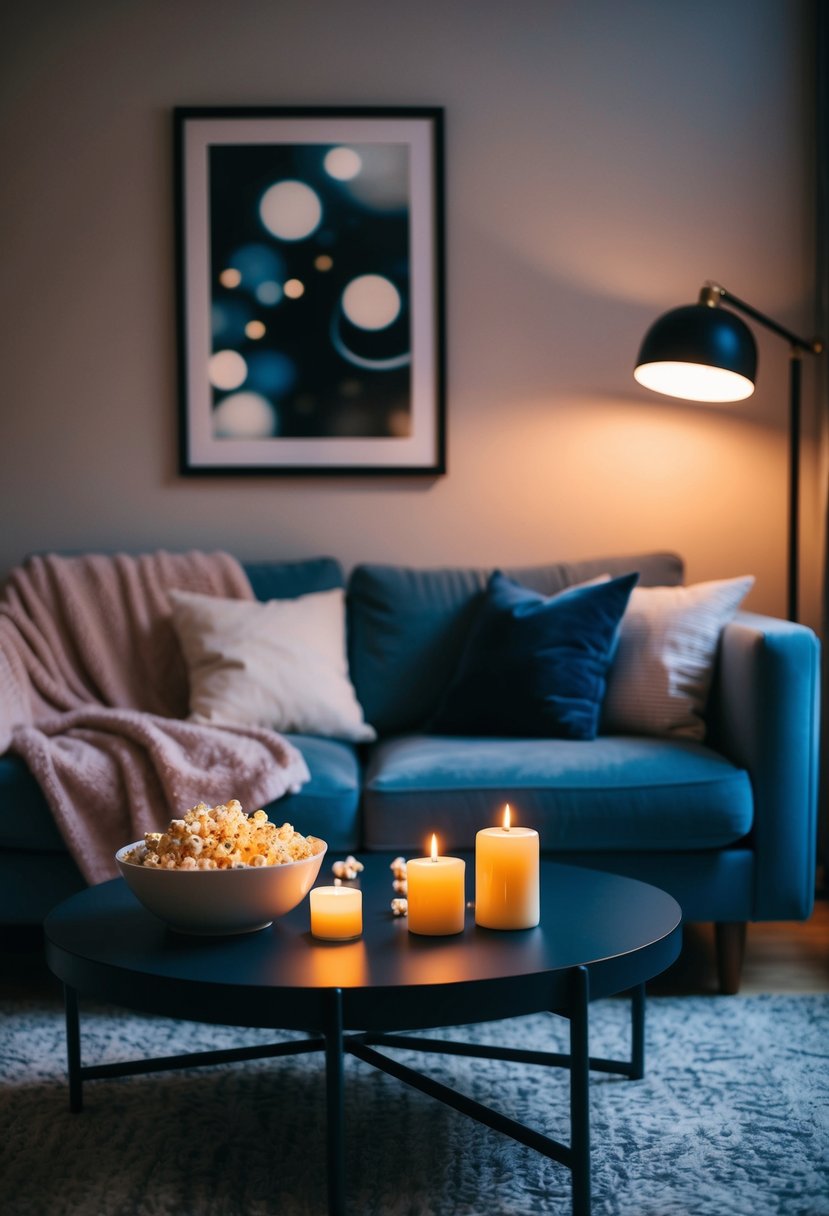 A dimly lit living room with a plush couch, soft blankets, and a coffee table adorned with candles and a bowl of popcorn