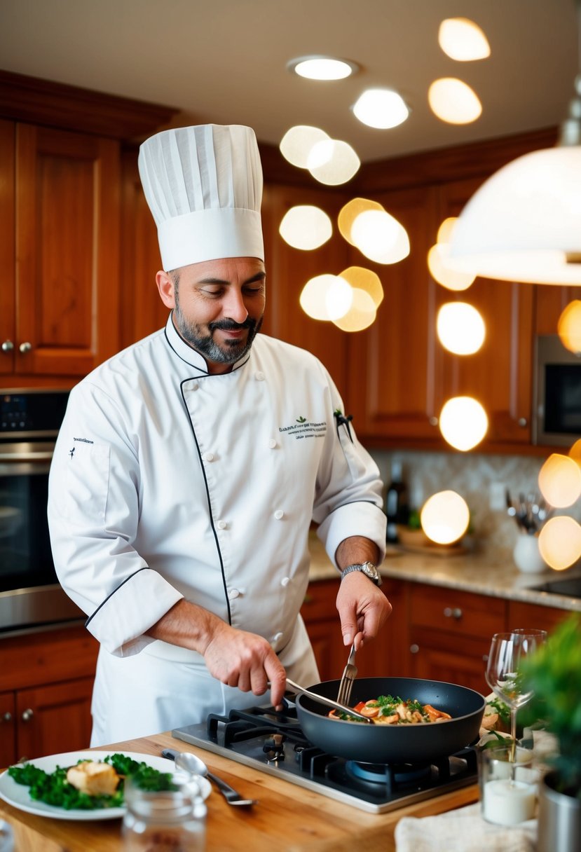 A private chef preparing a romantic dinner in a cozy home kitchen for a 16th wedding anniversary celebration