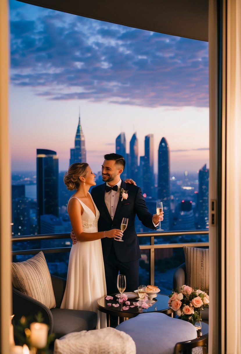 A couple enjoys a romantic evening at a lavish hotel, with champagne, rose petals, and a breathtaking view of the city skyline from their suite