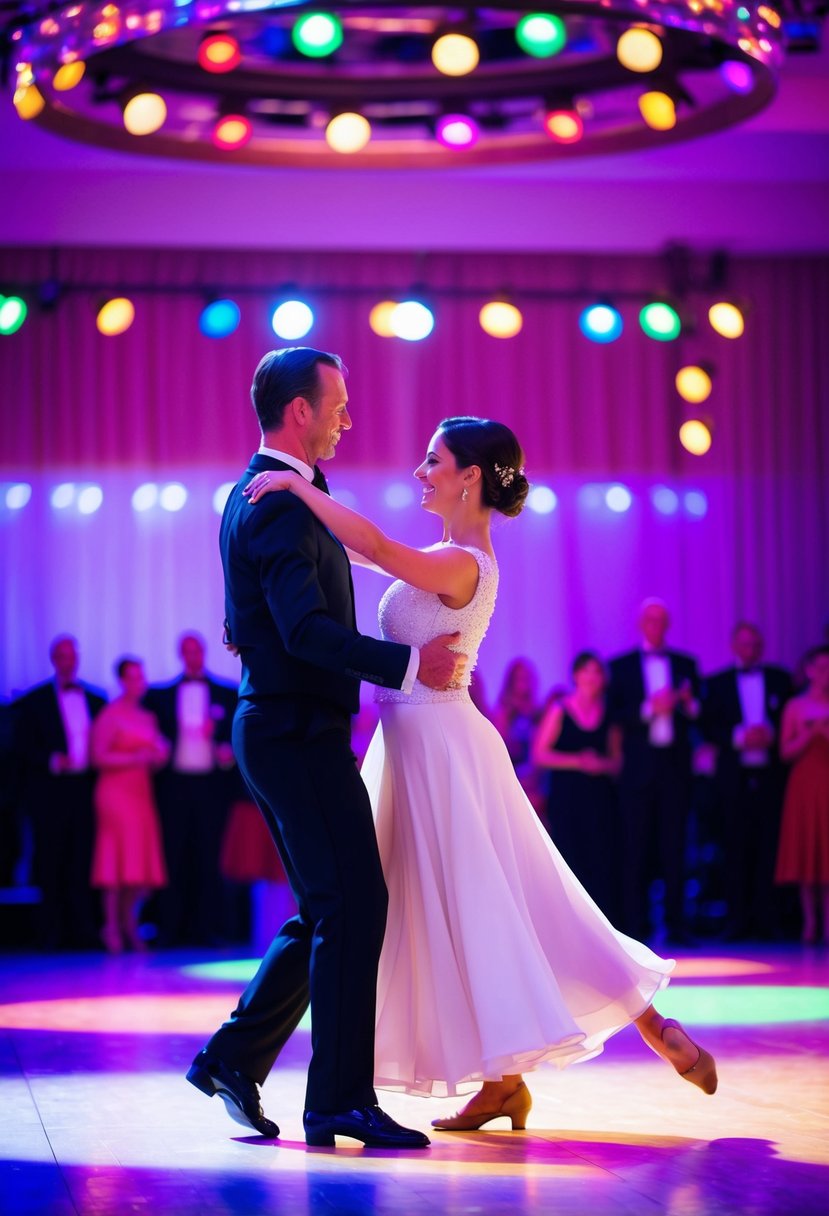 A couple gracefully moves across the dance floor, surrounded by colorful lights and music. An instructor watches, guiding their steps