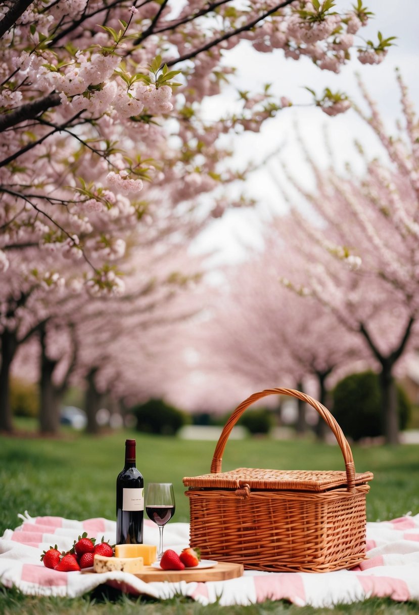 A cozy picnic blanket spread out under a blooming cherry blossom tree, with a wicker basket filled with wine, cheese, and strawberries