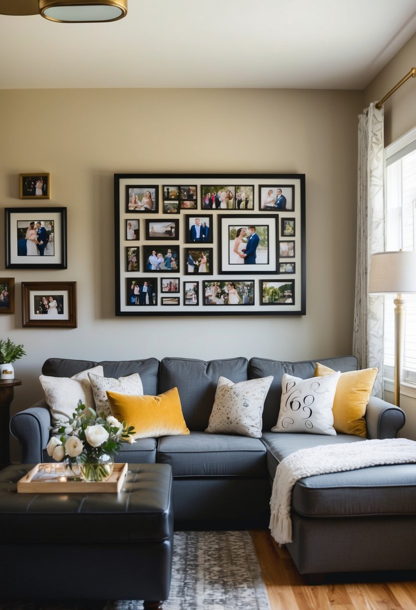 A cozy living room with framed photos, a shadow box of wedding mementos, and a custom-made anniversary collage on the wall