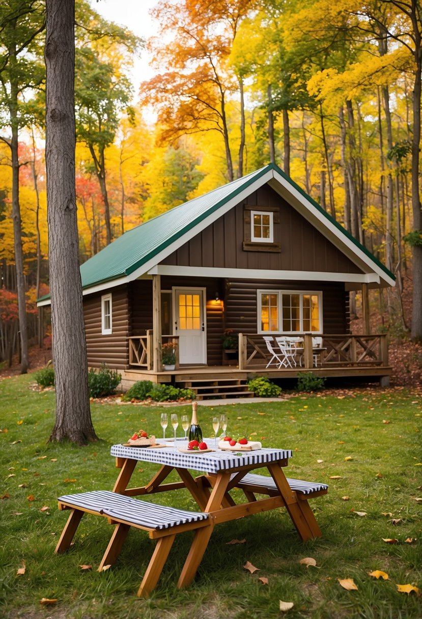 A cozy cabin nestled in a forest clearing, surrounded by colorful autumn foliage. A picnic table set with champagne and strawberries awaits on the porch