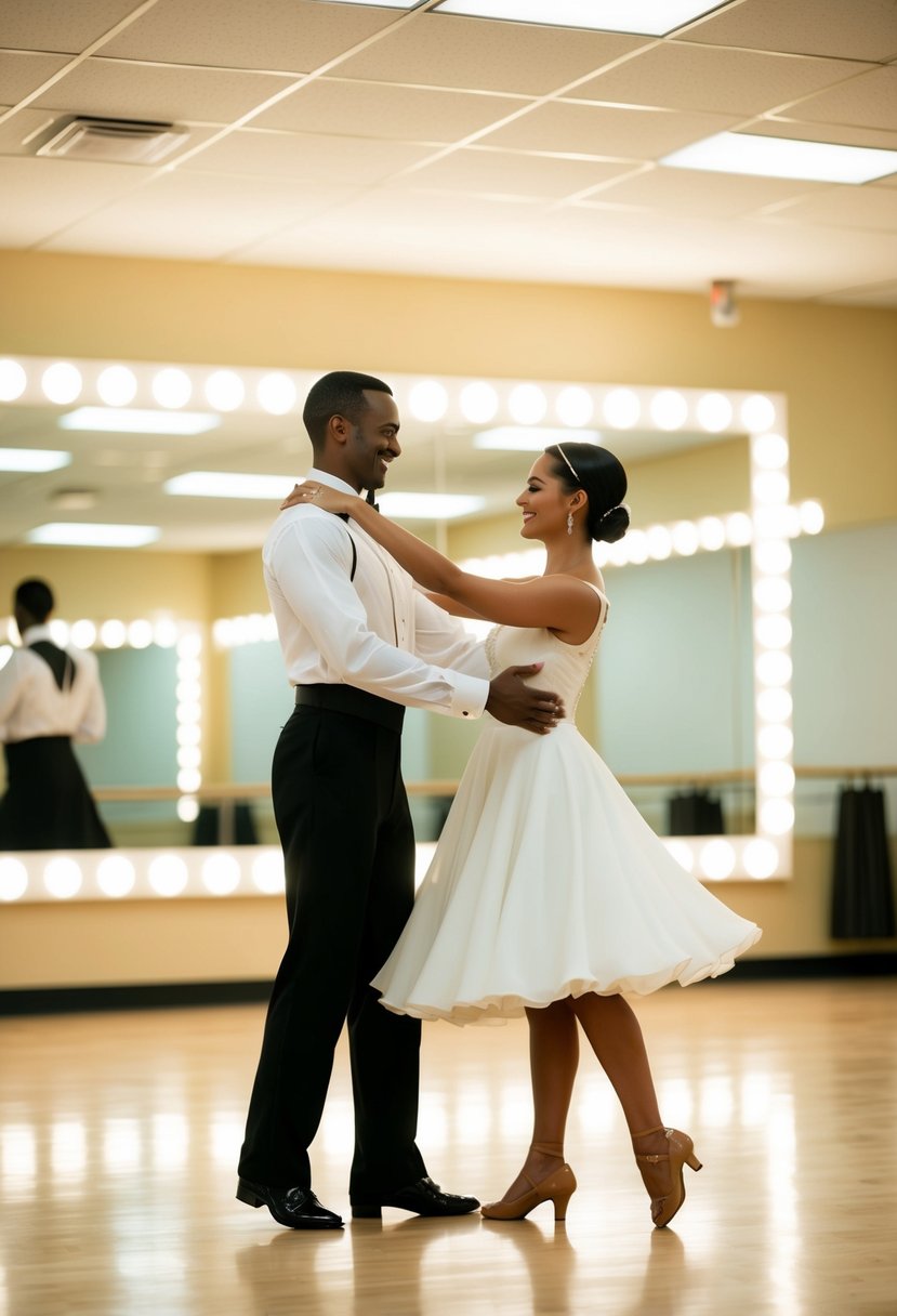 A couple gracefully waltzing in a brightly lit dance studio, surrounded by mirrors and the sound of music filling the air