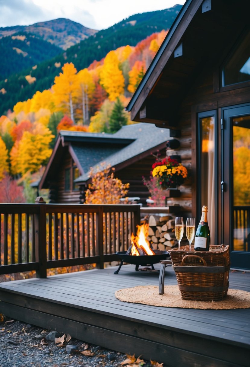 A cozy cabin nestled in the mountains, surrounded by colorful autumn foliage. A crackling fire and a bottle of champagne await on the porch