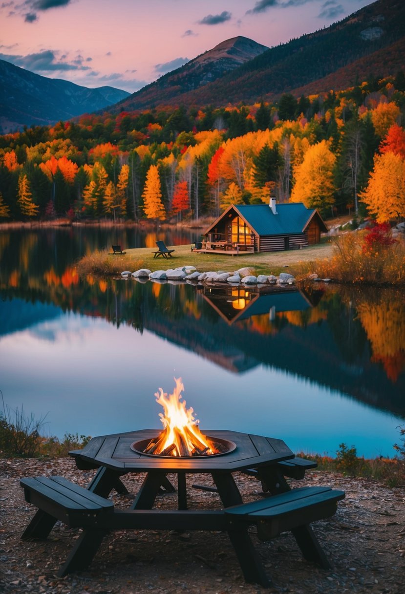 A cozy cabin nestled in the mountains, surrounded by colorful fall foliage and a serene lake, with a crackling fire pit and a picnic table set for two