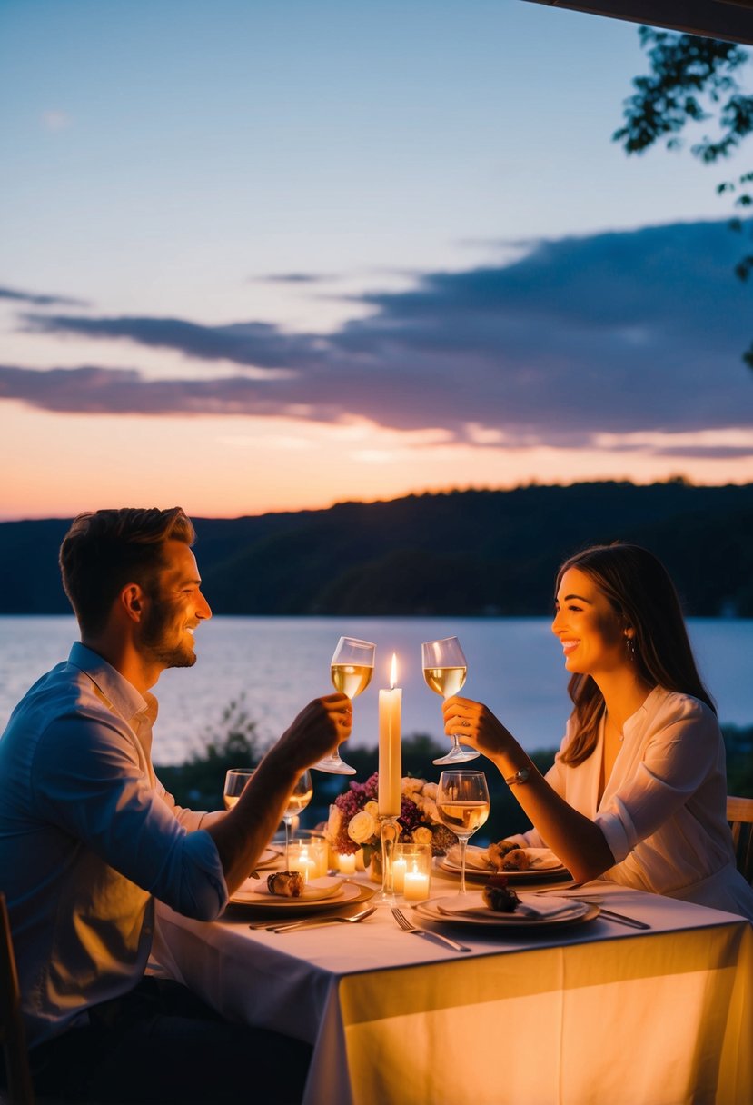 A couple enjoying a romantic dinner at a candlelit table with a view of the sunset over a serene lake