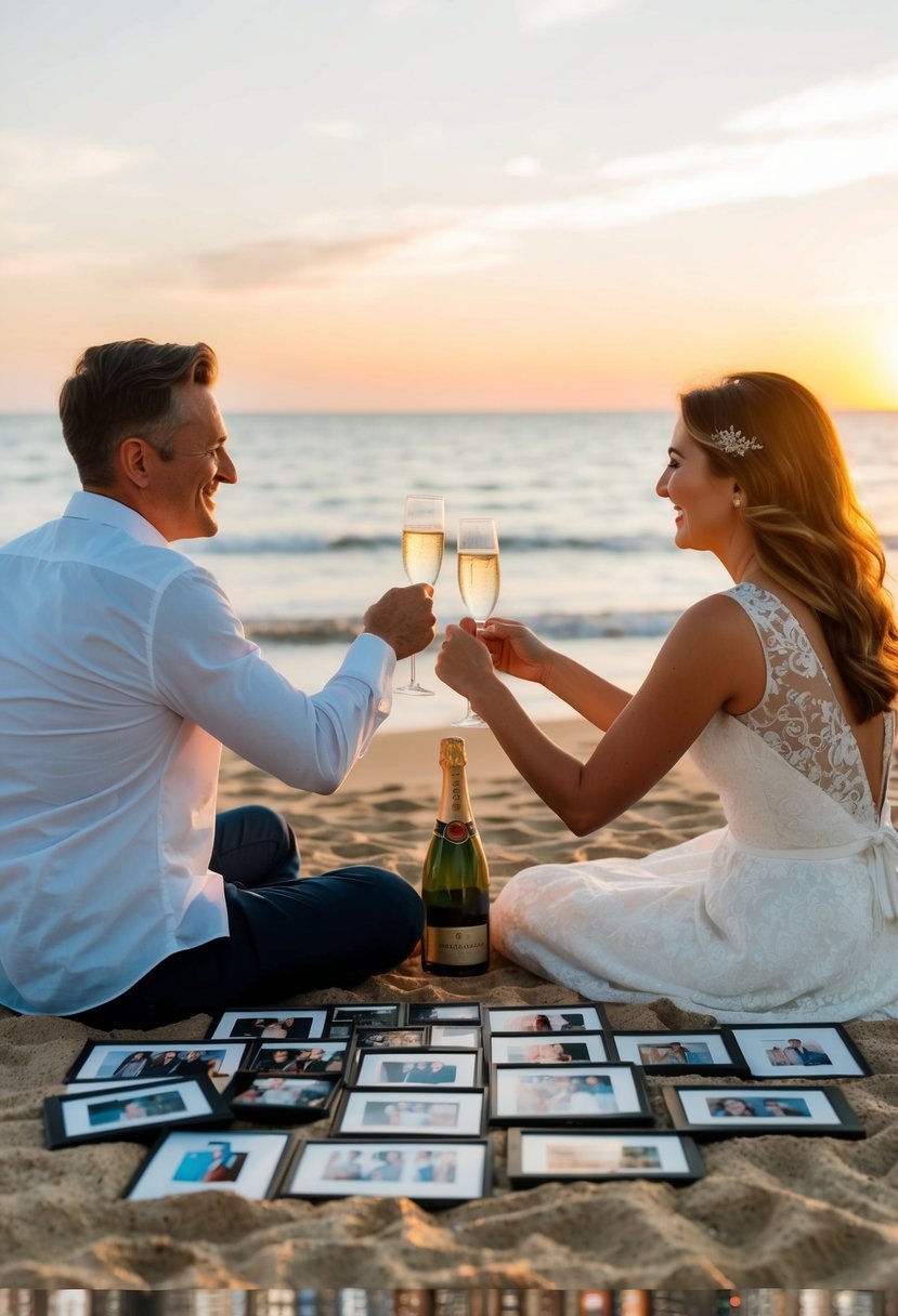 A couple sitting on a beach at sunset, toasting with champagne and surrounded by a collection of photographs and mementos from their 16 years of marriage