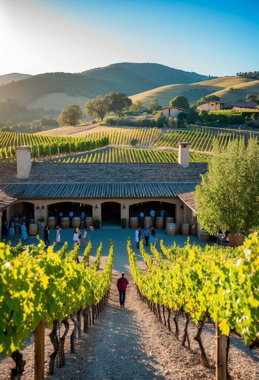 Sunlit vineyard overlooks rolling hills, with a rustic winery in the background. Wine barrels and grapevines fill the courtyard, while visitors enjoy tastings and tours