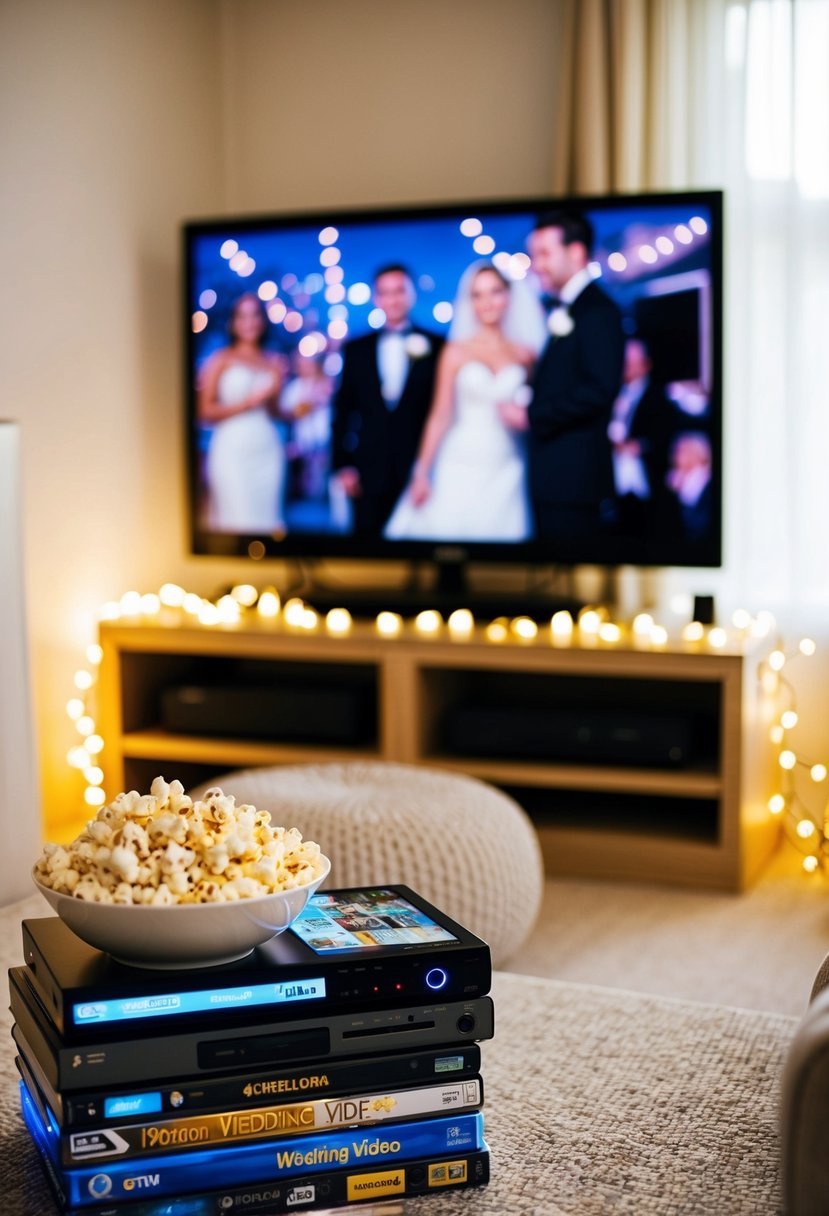 A cozy living room with a large screen TV, a bowl of popcorn, and a stack of DVDs, including the wedding video. Fairy lights add a romantic touch