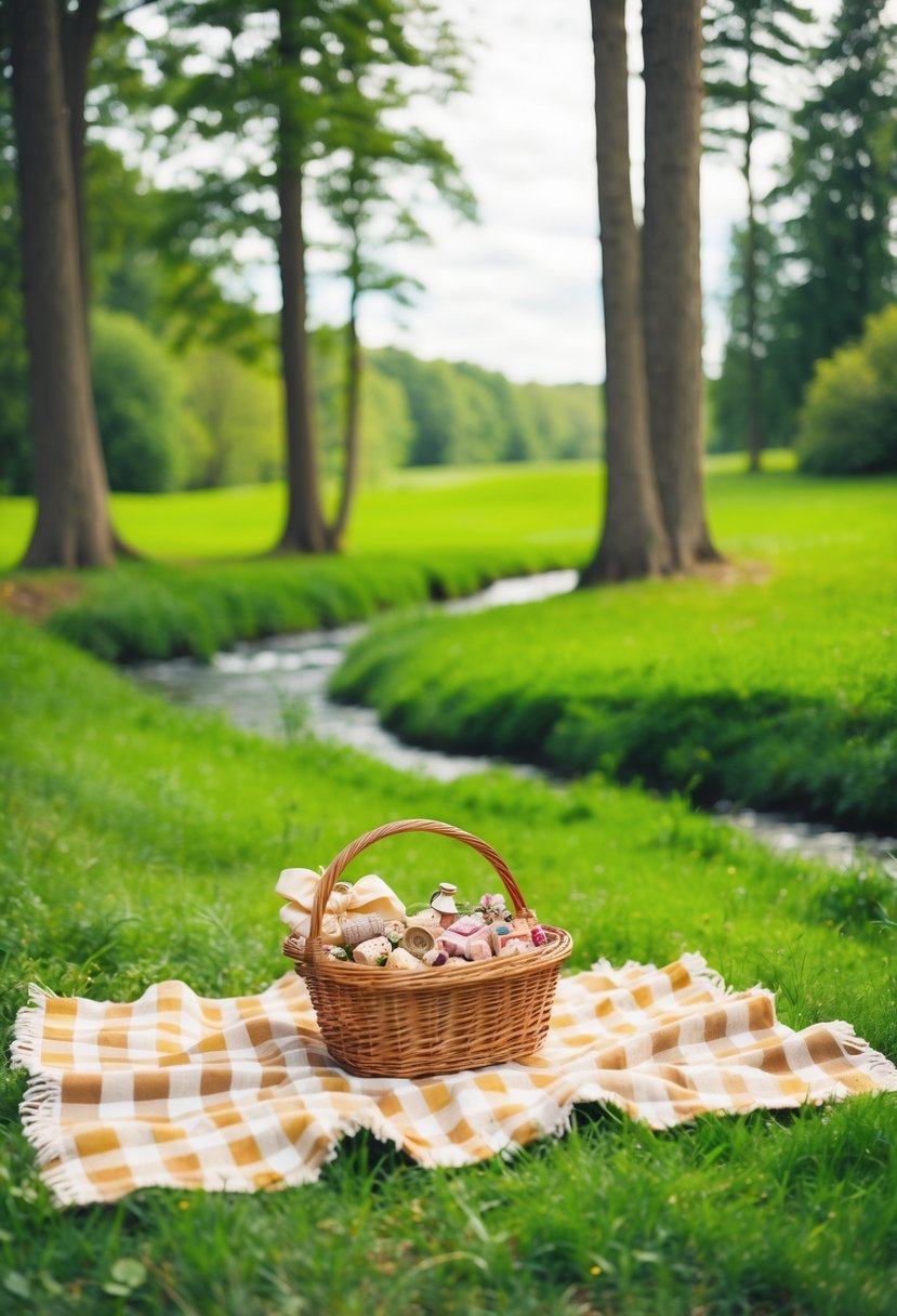 A lush green meadow with a checkered blanket spread out, surrounded by tall trees and a babbling brook. A wicker basket filled with delicious treats sits in the center