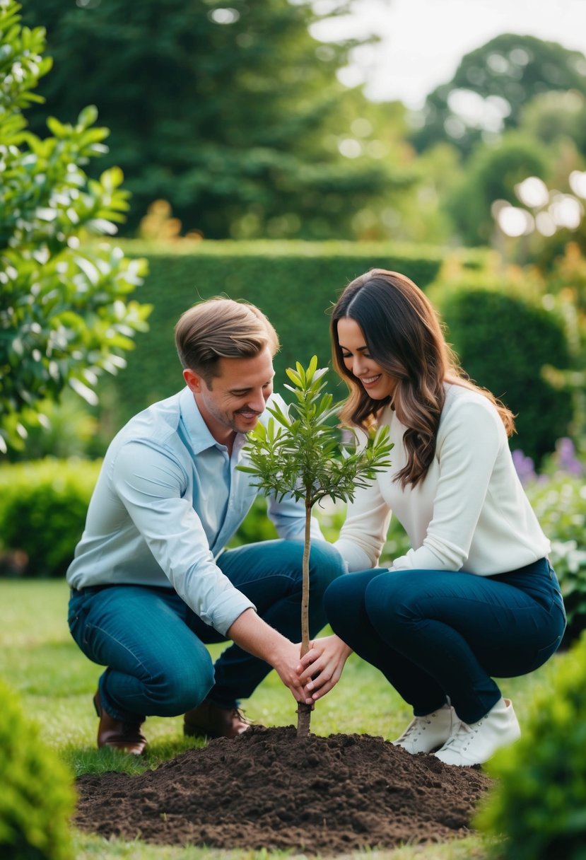 A couple planting a small tree together in a lush garden setting