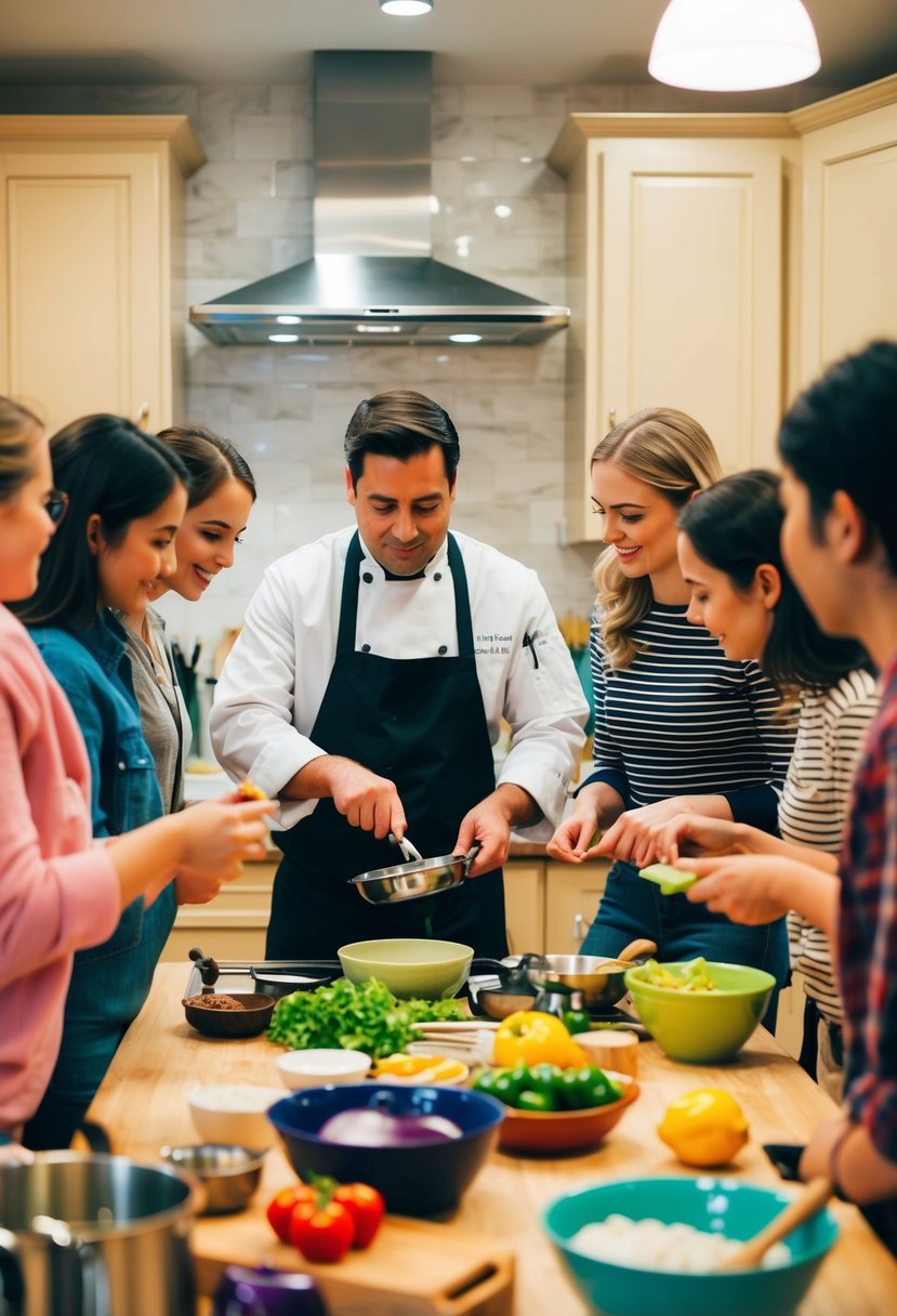 A cozy kitchen with a chef demonstrating a new cooking technique to a small group of students, surrounded by colorful ingredients and cooking utensils