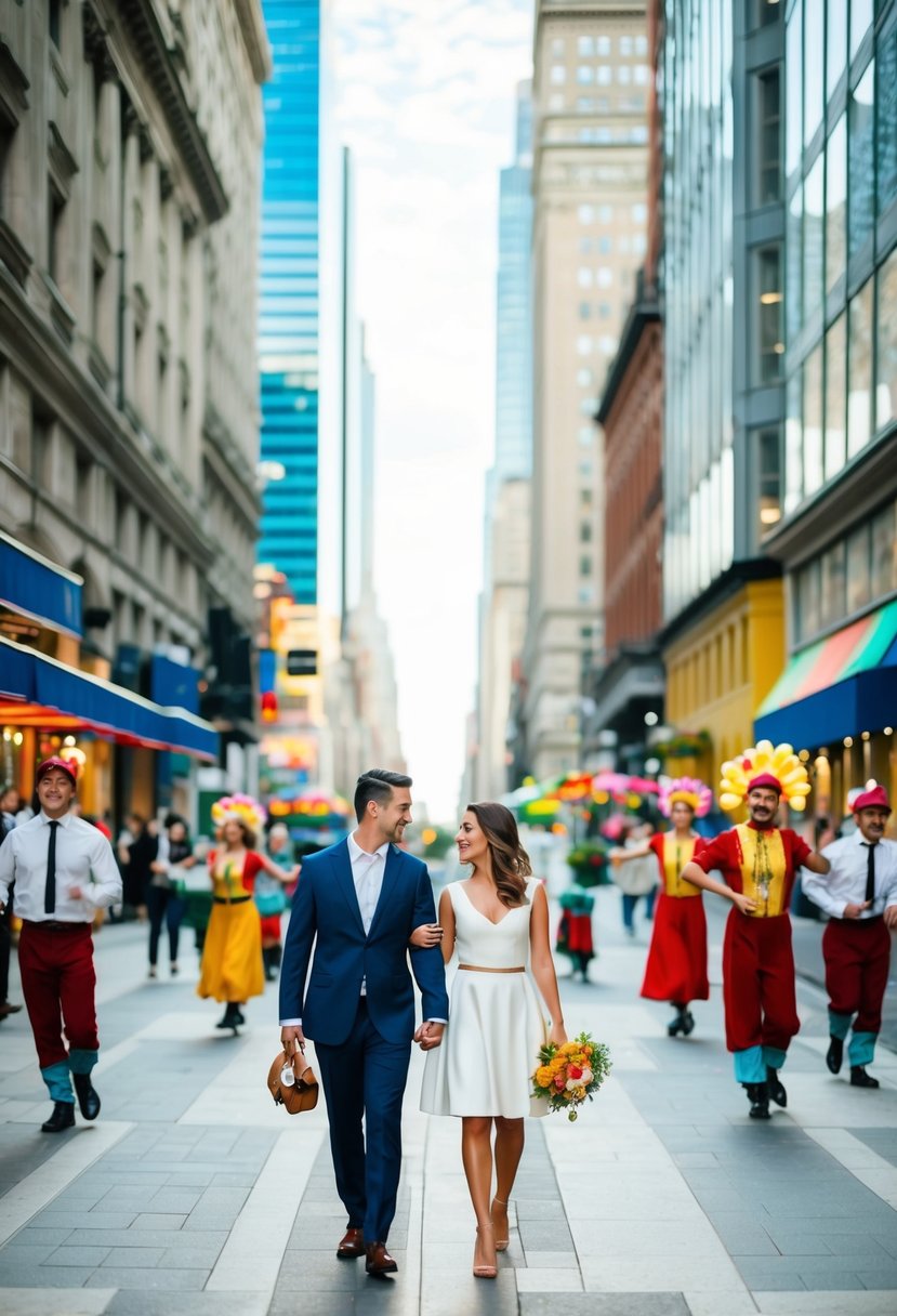 A couple strolling through a bustling city, surrounded by towering buildings, colorful storefronts, and lively street performers