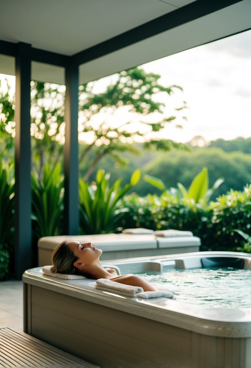 A serene spa with a couple's massage area, hot tub, and lush greenery